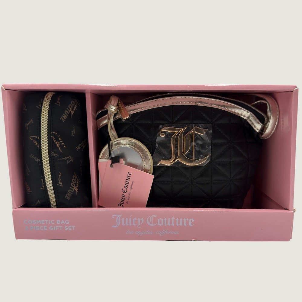 Juicy Couture 2 Piece Cosmetic Bag Gift Set Black Quilted Gold Logo New